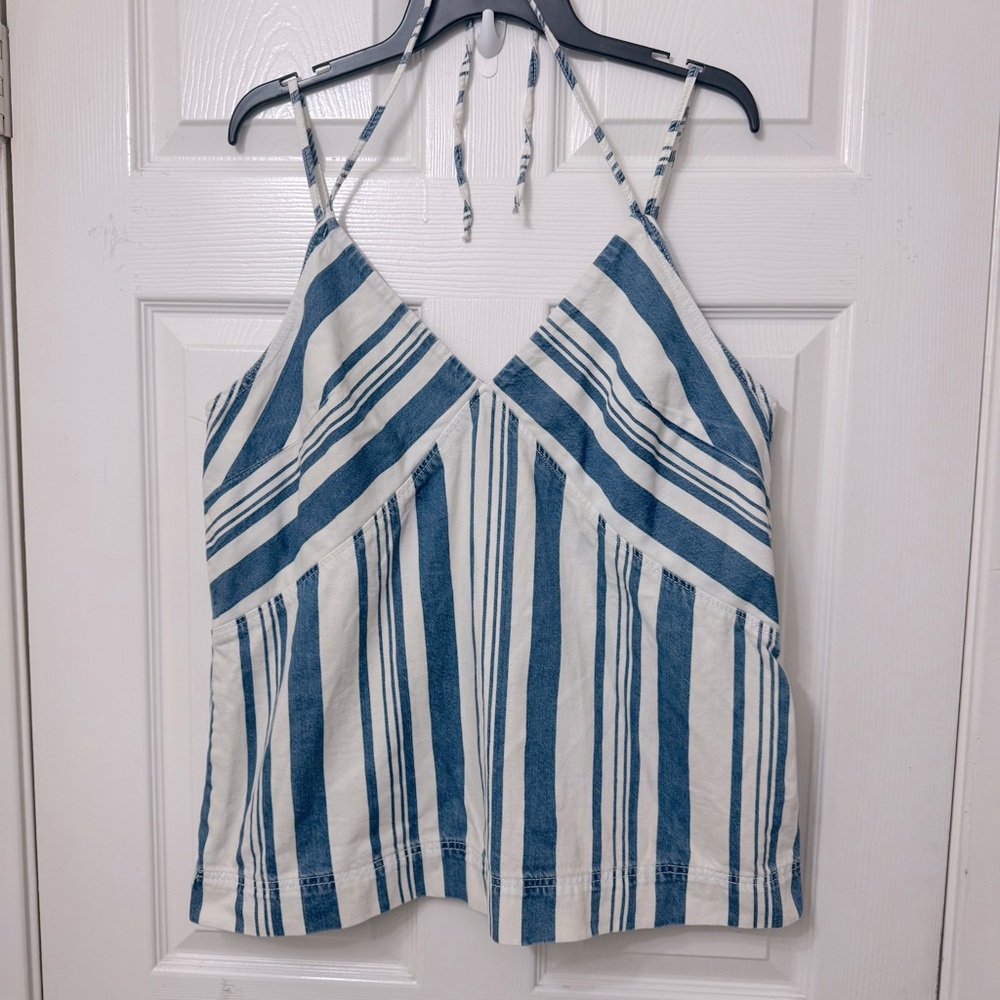 Universal Thread Denim Pullover Tank Top Size XL White Blue Stripes Halter Strap